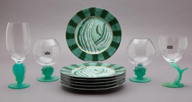 (10) Pcs. Daum Cactus form serving pieces,: (10) Pcs. Daum Cactus form serving pieces, designed by Hilton McConnico, includes: (6) plates; (2) brandy snifters; (1) goblet; (1) wine glass. Each is marked in acid etch to the base, "Daum France Hi
