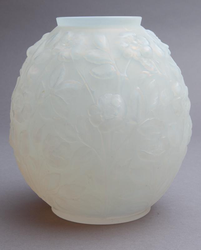 Sabino opalescent glass vase,: Sabino opalescent glass vase, with molded flower and vine motif. signed to underside, "Sabino France". 7.75"H x 6.5" Dia.,