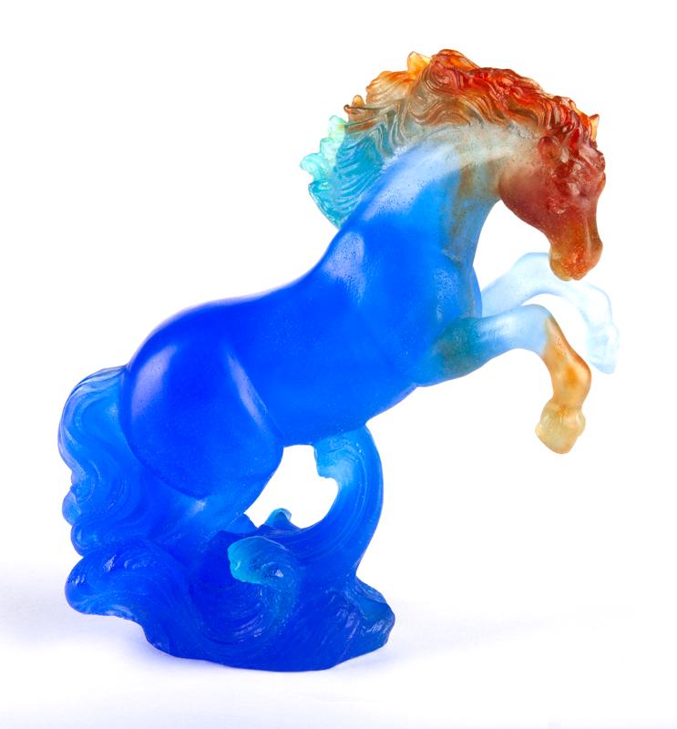 Daum French art glass horse,: Daum French art glass horse, in blue to amber pate de verre. Marked in acid etch to the base, "Daum France". PROVENANCE: From the Collection of Elizabeth and Bill Milburn, Austin, Texas. 8.5"H x 7"L,