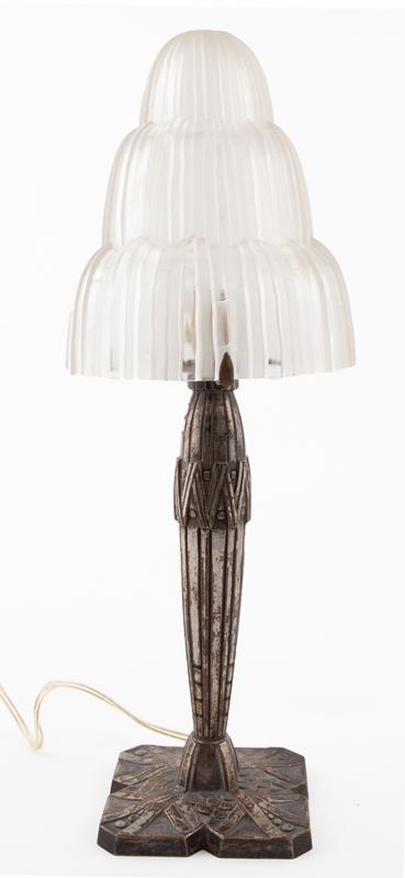 Sabino frosted glass & silvered metal lamp,: Sabino frosted glass & silvered metal lamp, the Cascade shade raised on tapered standard and canted corner base having Art Deco design. Shade marked, "Sabino 4649 Paris Depose". Electrified. 16"H,