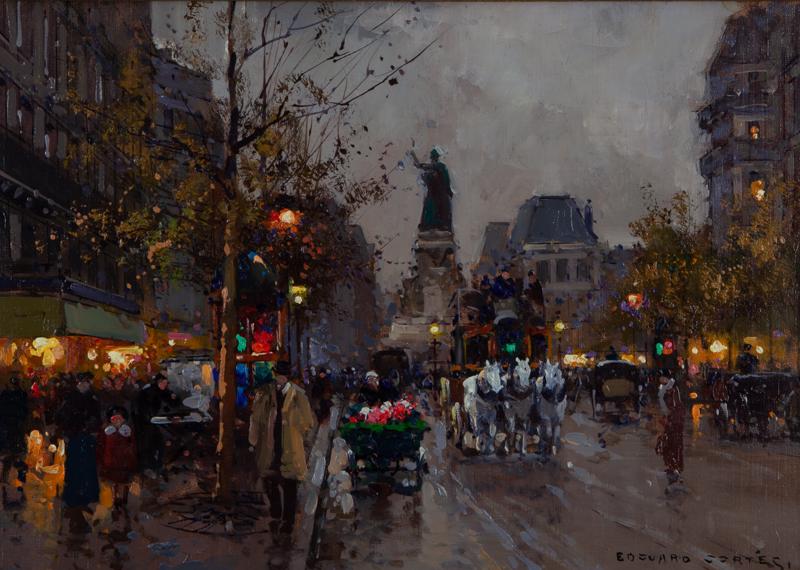 Edouard Leon Cortes "Place de la Republique,: Edouard Leon Cortes "Place de la Republique, Paris" oil on canvas. Signed lower right, "Edouard Cortes". Canvas: 13"H x 18"W; Frame: 27.5"H x 32.5"W. PROVENANCE: From the Collection of Elizabeth and B