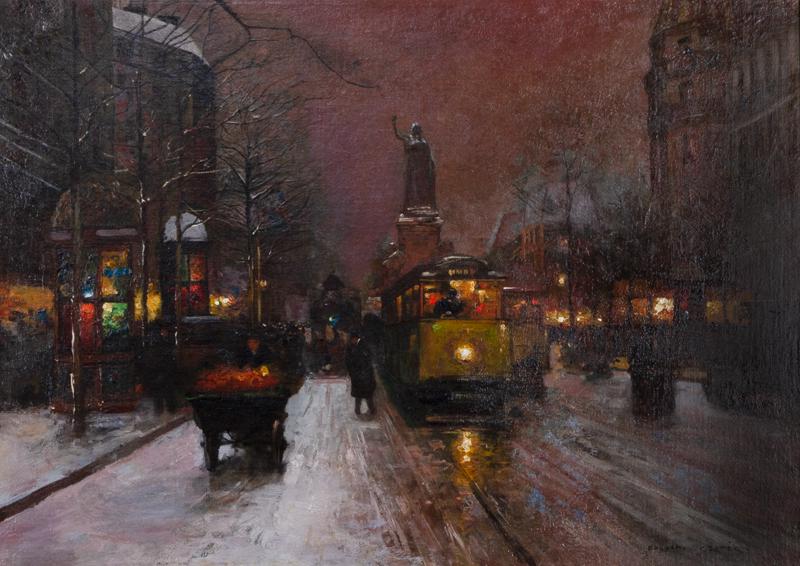 Edouard Leon Cortes "La Place de la Republique" c. 1905: Edouard Leon Cortes, "La Place de la Republique, sous la neige" c. 1905. Oil on canvas. Signed lower right, "Edouard Cortes". Canvas: 26"H x 36"W; Frame: 44.5"H x 55"W. PROVENANCE: From the Collection