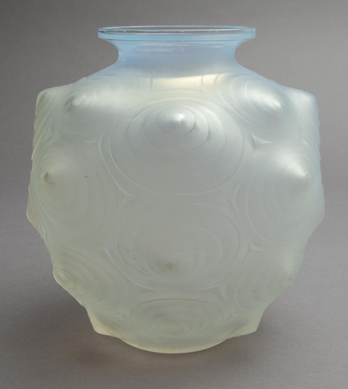 Sabino opalescent glass Coquilles vase,: Sabino opalescent glass Coquilles vase, molded with stylized shell-forms throughout. Signed to underside, "Sabino France". 8.25"H x 7.5" Dia.,