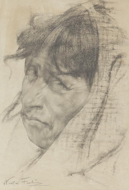 Nicolai Fechin "Woman in Scarf" lithograph.: Nicolai Fechin "Woman in Scarf" lithograph. Signed lower left in pencil, "Nicolai Fechin". Site: 14.875"H x 10.25"W; Frame: 21.625"H x 17"W. PROVENANCE: Walter Stein, New York; by decent to his son Al
