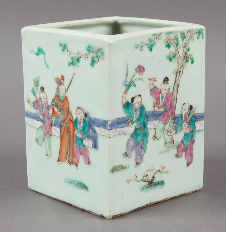 Chinese Qing famille rose porcelain brush pot, (1 of 7)
