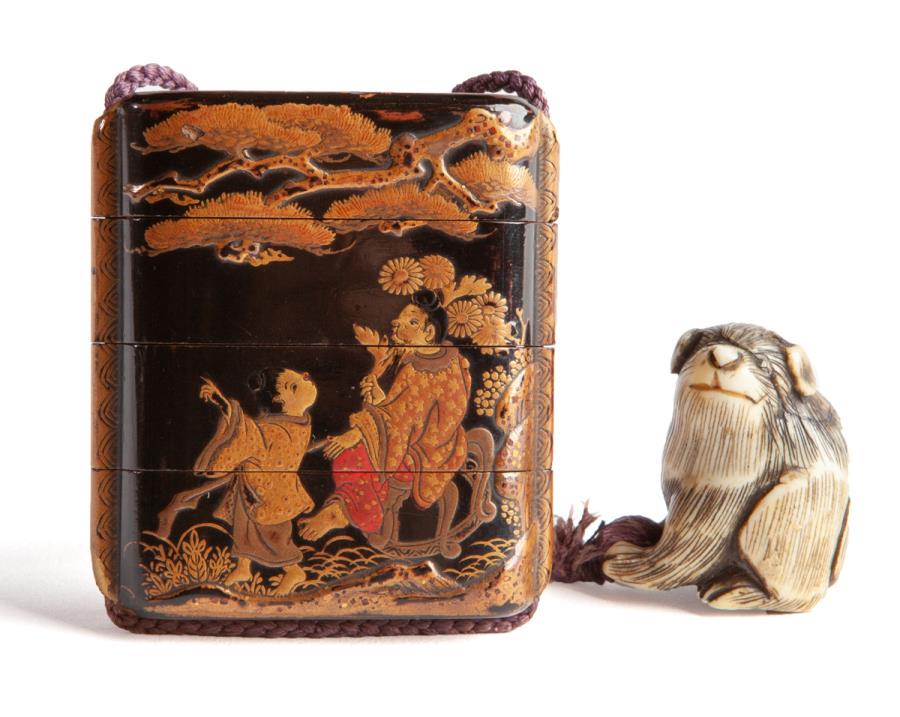 Japanese Meiji lacquer inro with pendant, (1 of 6)