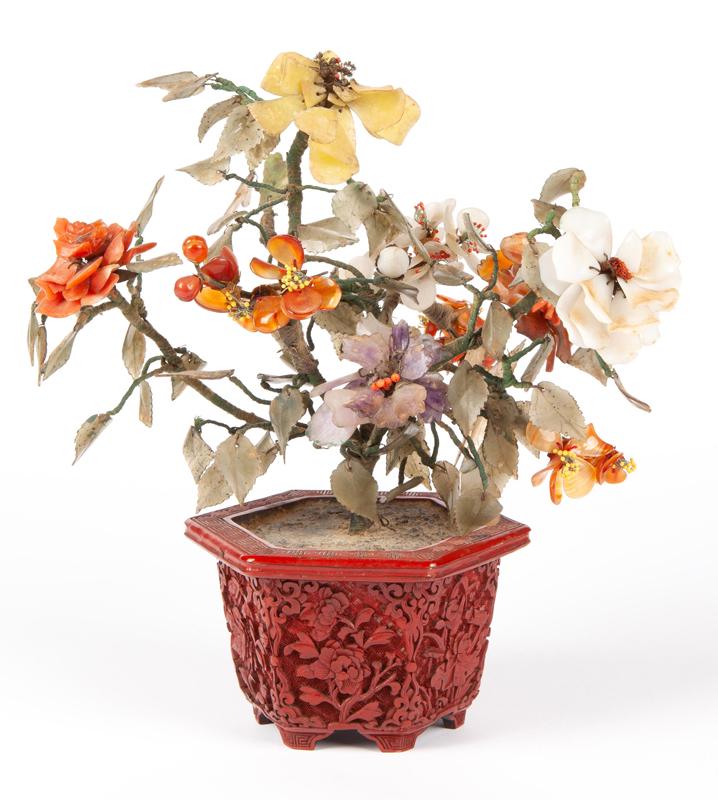 Chinese Qing jade tree with cinnabar planter. (1 of 9)