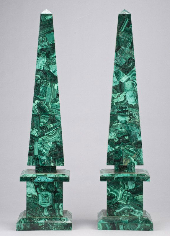 Pr. Large malachite veneered obelisks.: 27"H, Base: 6.875" Sq., Circa - 20th C.