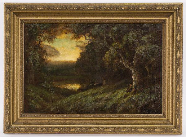 William Keith oil painting on canvas,: depicting a wooded landscape. Canvas: 20"H x 30"W; Frame: 27.5"H x 37.5"W. Signed lower right, "W. Keith" William Keith (American, 1838-1911) was a California artist known for landscape scene painting