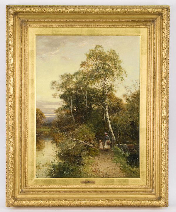 David Bates oil painting on canvas,: "Path in Maddresfield". Canvas: 30"H x 22"W; Frame: 42"H x 33.5"W. Signed and dated lower right, "David Bates 1898". David Bates (British, 1840-1921). Relined.