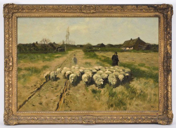 Anton Mauve oil painting on canvas laid on: masonite, depicting a flock of sheep in a landscape. Masonite: 24"H x 36"W; Frame: 30"H x 42"W. Signed lower right, "A Mauve f". Anton Mauve (Dutch, 1838-1888). Circa - 19th C.