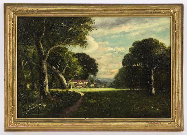 William Keith oil painting on canvas,: depicting an idyllic landscape with cottage in background. Canvas: 20"H x 30"W; Frame: 24"H x 34"W. Signed lower right, "W. Keith". William Keith (American, 1838-1911) was a California artist known fo