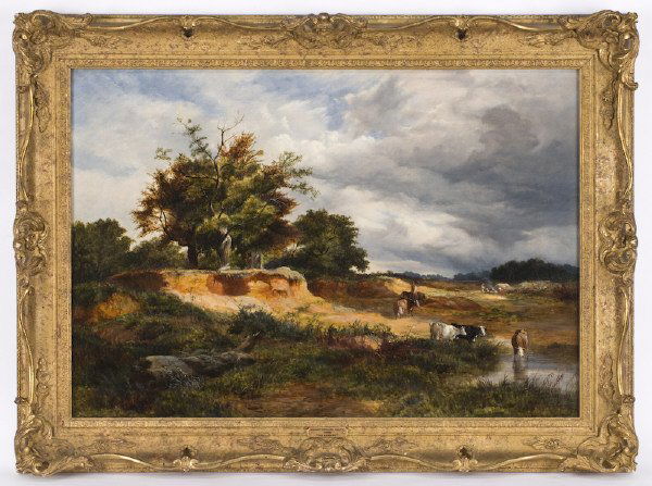 Sidney Richard Percy oil painting on canvas,: depicting a pastoral landscape with figures in a sand pit. Canvas: 18"H x 26"W; Frame: 23"H x 31"W. Signed and dated lower center, "S R Percy 1865". Sidney Richard Percy (British, 1821-1886). Relined.