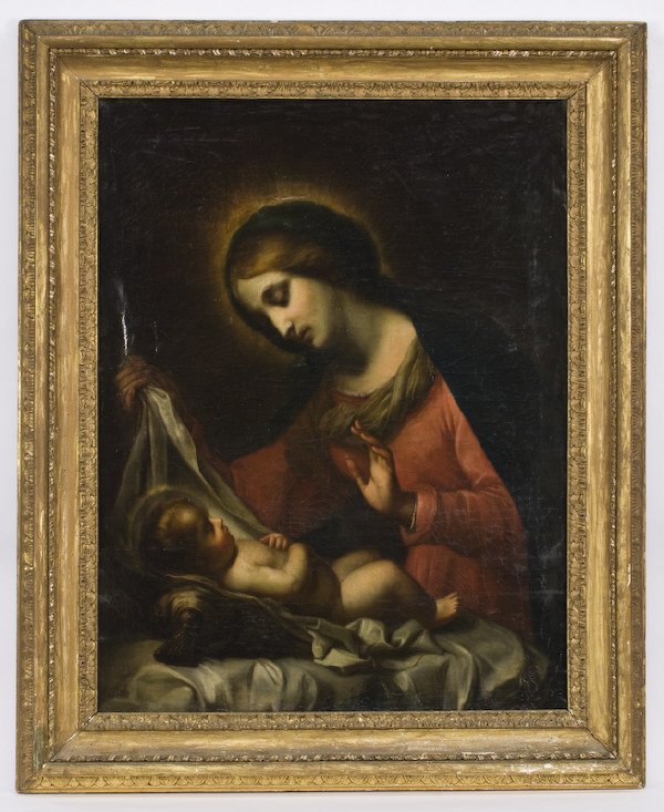 After Carlo Dolci oil painting on canvas,: "Madonna of the Veil". Canvas: 40"H x 30"W; Frame: 48"H x 39"W. Unsigned. Carlo Dolci (Italian, 1616-1687). Circa - 19th C.