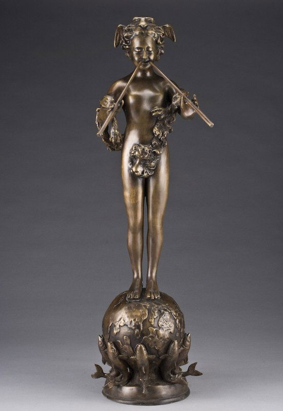 After Frederick MacMonnies bronze sculpture,: "Pan of Rohallion", depicting a youth playing the flute above a sphere supported by circling fish, having a dark patina. Unsigned. Frederick MacMonnies (American, 1863-1937). 31.5"H, Circa - 20th C.