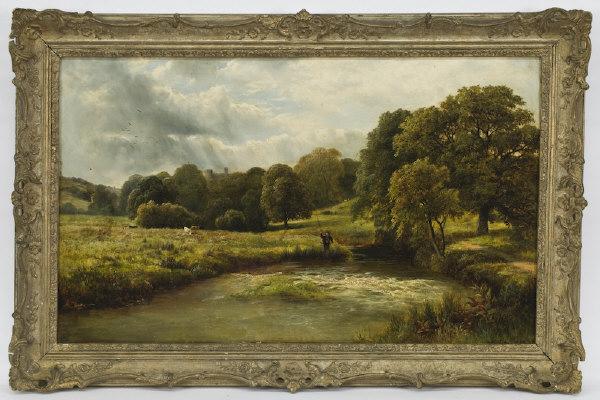 George Turner the Younger oil painting on canvas,: depicting Haddon Hall on the banks of the Wye. Canvas: 18"H x 30"W; Frame: 23"H x 34.5"W. Signed and dated lower right, "Geo. Turner 74". George Turner the Younger (1843-1910). Relined.