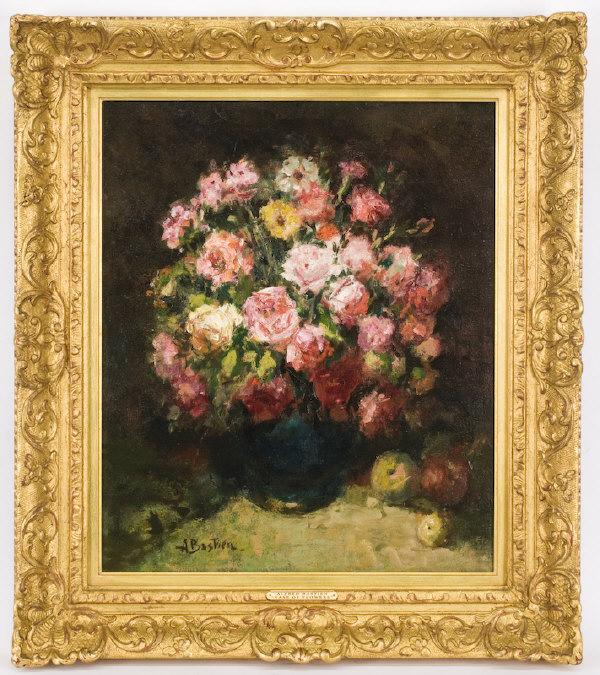 Alfred Theodore Joseph Bastien oil painting: on canvas, depicting a floral still life. Canvas: 24"H x 19.75"W; Frame: 31.5"H x 27.5"W. Signed lower left, "A. Bastien". Alfred Theodore Joseph Bastien (Belgian, 1873-1955). Circa - Early 20th C.