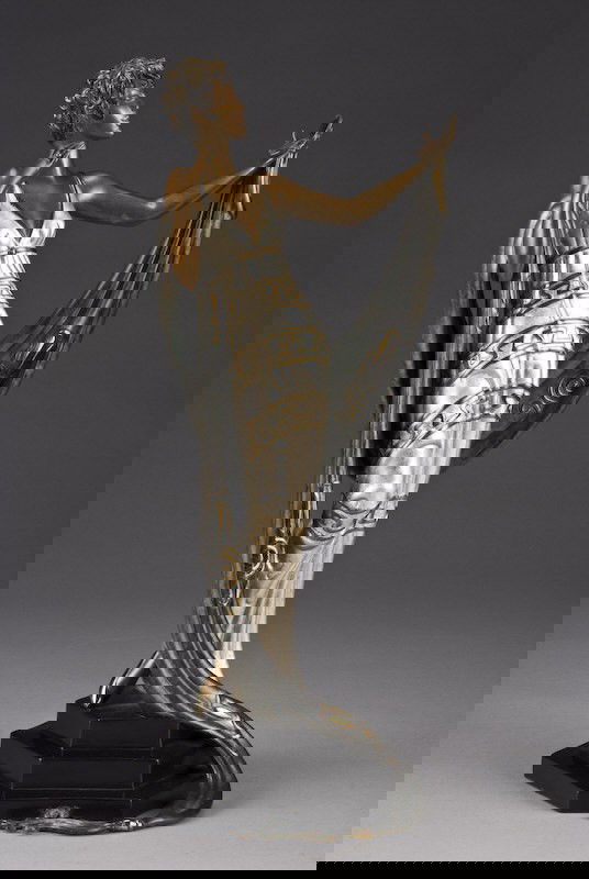 Erte (Romain de Tirtoff), "La Coquette" bronze: sculpture with polychrome decoration. Inscribed on base with artist's signature, with stamp of publisher, "Fine Art Acquisitions, 1986" and Joel Meisner and Co. foundry mark. Erte (Romain de Tirtoff),