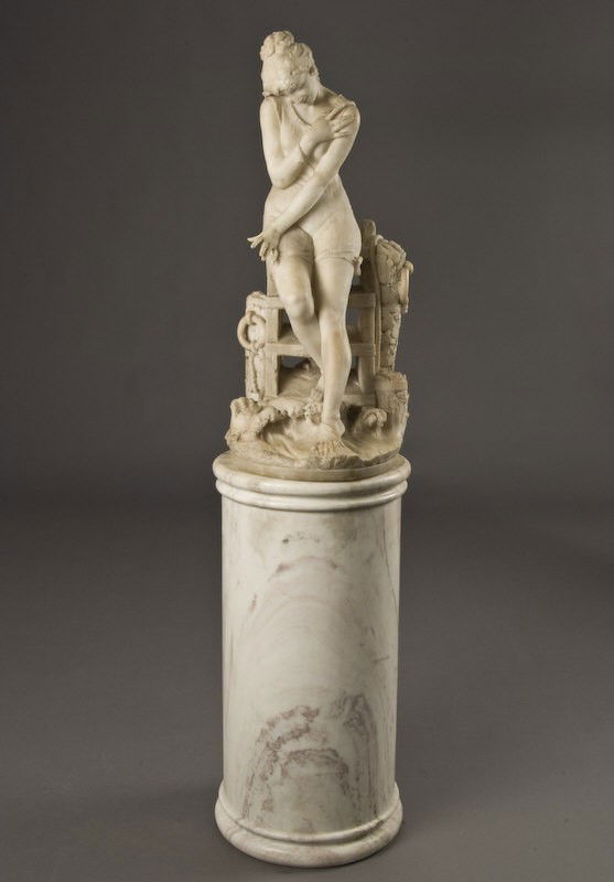 Ferndinando Vichi Italian alabaster sculpture: of a standing female figure classically draped resting against a ladder leading to water, raised on a white marble pedestal. Signed on the base, "F Vichi Firenze". Ferdinando Vichi (Italian 19th C.) O