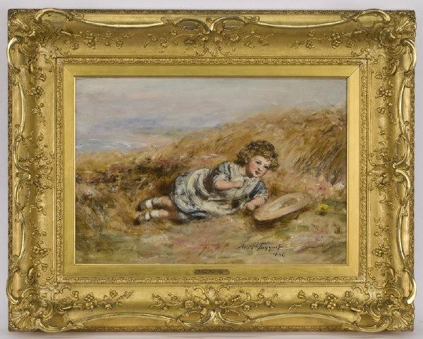 William MacTaggart oil painting on canvas: "Happy Hours". Canvas: 18"H x 26"W; Frame: 30.25"H x 38.25"W. Signed and dated lower right, "W MacTaggart 1886". Provenance: Sotheby's Gleneagles 8/30/2000, Lot 1256. Literature: James L.Caw, William 