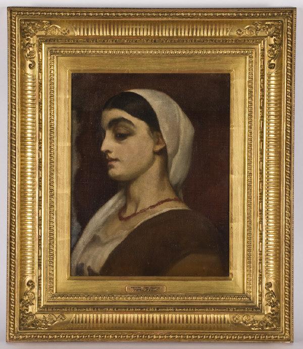 Lord Frederick Leighton oil painting on canvas,: depicting a portrait of Stella. Canvas: 13.5"H x 10.75"W; Frame: 21.5"H x 18.5"W. Unsigned. Lord Frederick Leighton (British, 1830-1896). Relined. Provenance: Permanent collection of the Museum of Fin