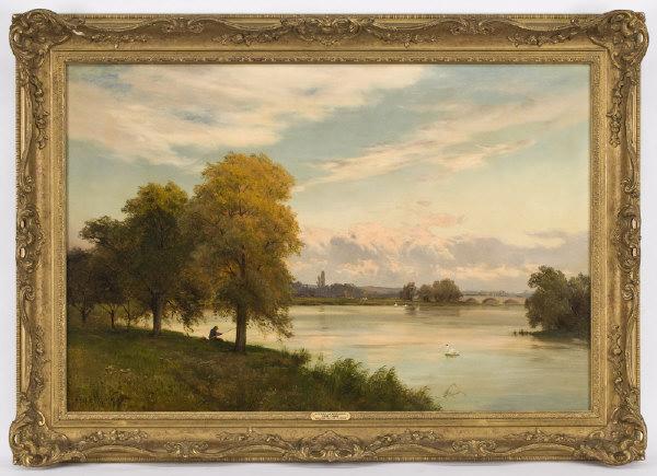 Alfred de Breanski oil painting on canvas,: depicting Walton on the Thames. Canvas: 23"H x 36"W; Frame: 30.25"H x 42"W. Signed lower left, "Alfred de Breanski". Alfred de Breanski (British, 1852-1928). Relined. Circa - 19th C.