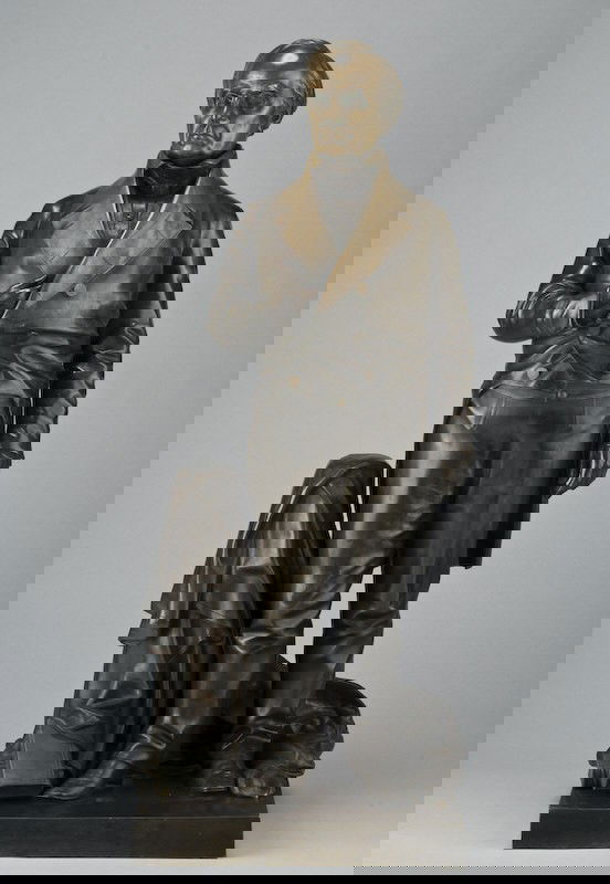 Thomas Ball bronze sculpture: modeled as a standing portrait of Daniel Webster. Inscribed on reverse, "T Ball. Sculp/ Boston Mass/1853/ Patent assigned to G. W. Nichols". Foundry mark on underside, "J. T. Ames Founder Chicopee Mas