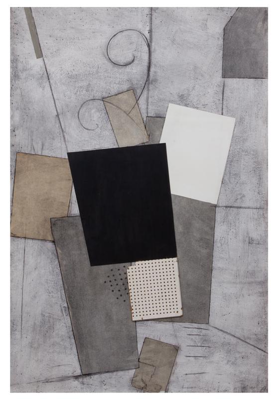 Dan Rizzie "Where the Ceiling Meets the Wall": Dan Rizzie "Where the Ceiling Meets the Wall" mixed media/collage. Paper: 57"H x 37.5"W; Frame: 61.5"H x 41.5"W. Label to verso: Artwork identification: Atlantic Richfield Company (ARCO Energy) Corpor