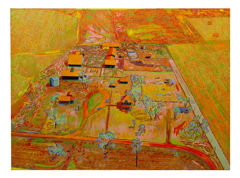 Harold Gregor "Illinois Flatscape" oil on canvas.: Harold Gregor "Illinois Flatscape" oil on canvas. Signed lower right, "H. Gregor". Canvas: 60"H x 82"W; Frame: 62"H x 84"W. Label to verso: Artwork identification: Atlantic Richfield Company (ARCO Ene