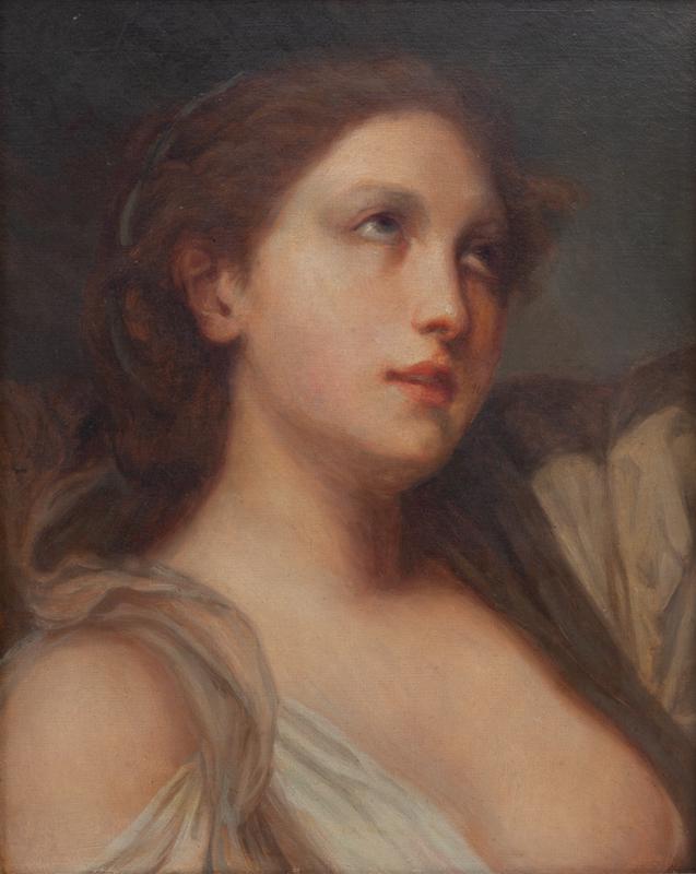 19th C. Continental oil on canvas portrait: 19th C. Continental oil on canvas portrait, depicting a draped female in 3/4 view gazing upward. Unidentified signature to upper left. Canvas: 16.5"H x 13.25"W; Frame: 23"H x 20"W.