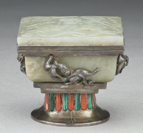 Chinese - Mongolian jade inlaid silver box with: (International buyers should note that several countries do not allow the importation of lots containing materials made from endangered species. This includes, but is not limited to, ivory, coral and 