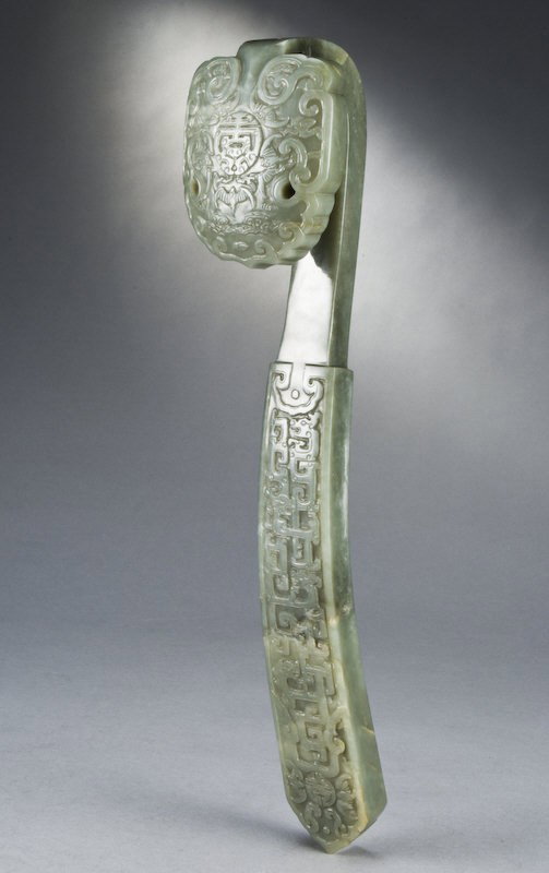 Chinese Qing carved nephrite jade scepter: depicting dragons, bats and longevity characters. Provenance: Private Los Angeles collection. 15.5"L, Circa - Late 19th - Early 20th C.