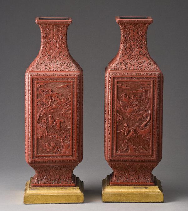 Pr. Chinese Qing carved cinnabar rectangular vases: depicting figures in a landscape. 16.25"H, Circa - 19th C.