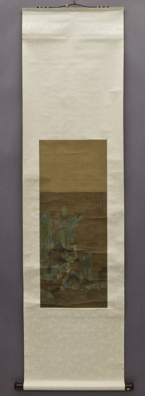 Chinese watercolor on silk attr. to Zhao Boju: depicting figures in a landscape. Postscript by Shi Ding Yu. Zhao Boju (Chinese, 1464-1526). Site: 23"H x 13.25"W, Circa - 18th - 19th C.