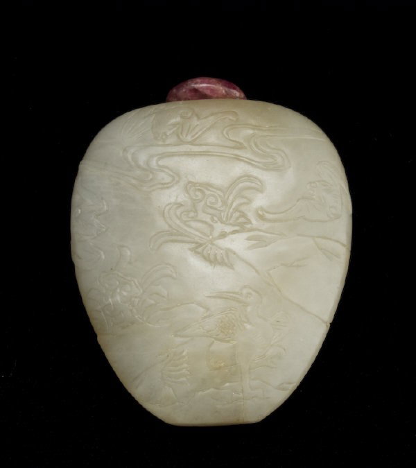 Chinese Qing carved jade snuff bottle depicting: bats and cranes in a landscape. 2.5"H, Circa - 19th C.
