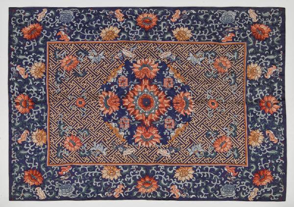 Chinese Qing embroidered throne seat pillow cover: depicting peonies and bats, bordered by scrolling vines, peonies and bats. 21"H x 30"W, Circa - 18th - 19th C.