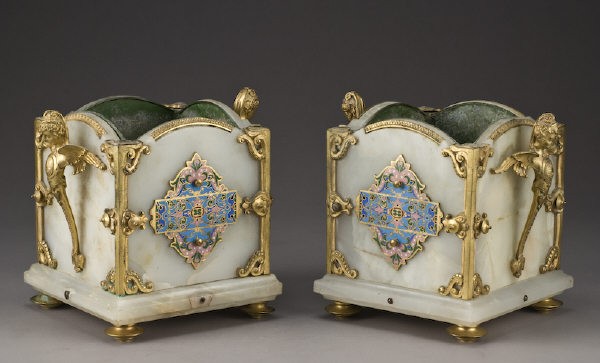 Pr. French onyx and champleve jardinieres with: gilt bronze figural mounts. 8.5"H x 10.25"W; Base: 7.75"Sq., Circa - 1900.