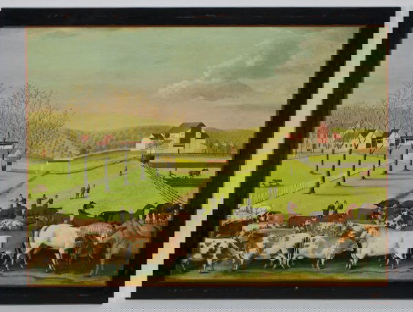 After Edward Hick oil painting on canvas,: "The Cornell Farm". Circa 1848. Canvas: 36"H x 50"W; Frame: 41"H x 55"W. Signed lower right, "Shilling apres Baly". Edward Hicks (American, 1780-1849) In the permanent collection of the National Galle