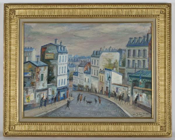 Willy (Rochat) James oil painting on canvas,: "Montmarte, Rue Lepic", depicting a Parisian street scene. Canvas: 21.5''H x 29''W; Frame: 29''H x 36''W. Signed lower right, "W. James". Willy Rochat James (French, 1920-2004). Circa - 20th C.