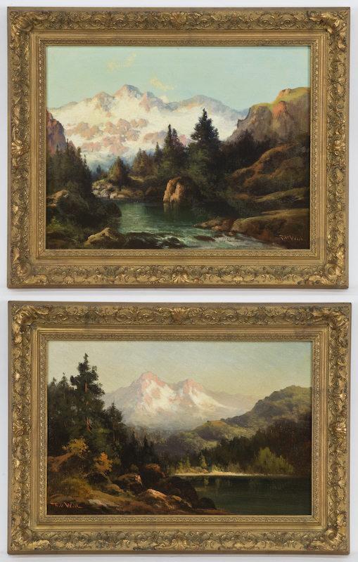 Pr. Robert Wood oil painting on canvas: depicting mountain view landscapes. Canvas: 14.25"H x 18.25"W; Frame: 18.75"H x 22.25"W. Signed lower right, "Robt. Wood"; (1) Canvas: 12.25"H x 18.25"W; Frame: 16.5"H x 22.75"W. Signed lower left, "R