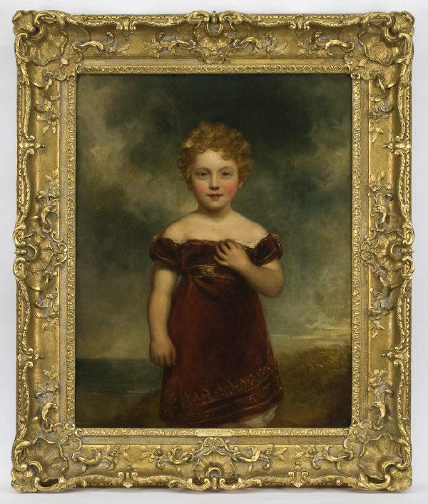 Attributed to George Henry Harlow oil painting: on canvas, depicting a portrait of young girl. Canvas: 36"H x 28.5"W; Frame: 47"H x 39"W. Unsigned. Relined. George Henry Harlow (British, 1787-1819). Circa - Early 19th C.