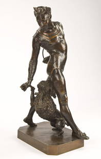 George de Chemellier bronze sculpture,: "Get Up", modeled to depict a circus trainer with a performing poodle, having a dark patina on a bronze base. Inscribed on base, "G. De Chemellier 1883". George de Chemellier (French, 1835-1907). On