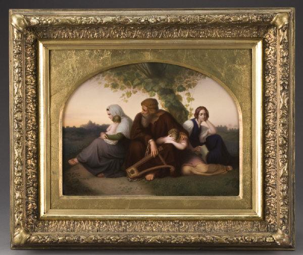 KPM Berlin porcelain plaque painted to depict: a scene from the Old Testament. Signed lower right, "F. Schmidt"; the verso with impressed scepter mark, with various impressed and incised marks. Plaque: 12"H x 15"W; Frame: 19.5"H x 23"W.