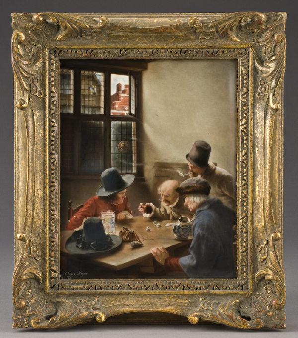 KPM Berlin porcelain plaque painted to depict,: four gentleman gambling at a table, after Claus Meyer (German 1856-1919). Signed lower right, "Claus Meyer" and monogrammed; the verso impressed, "KPM" with scepter mark, with various impressed and in