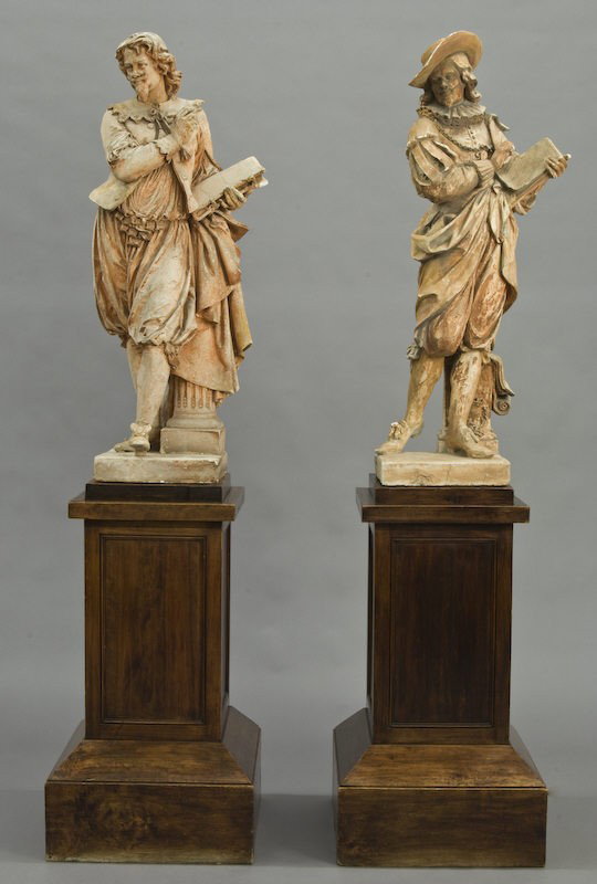 Pr. French plaster figural sculptures: depicting poets, having a terracotta finish, raised on wood bases. Unsigned. Statue: 52"H, Base: 43"H x 24" Sq, Circa - 20th C.