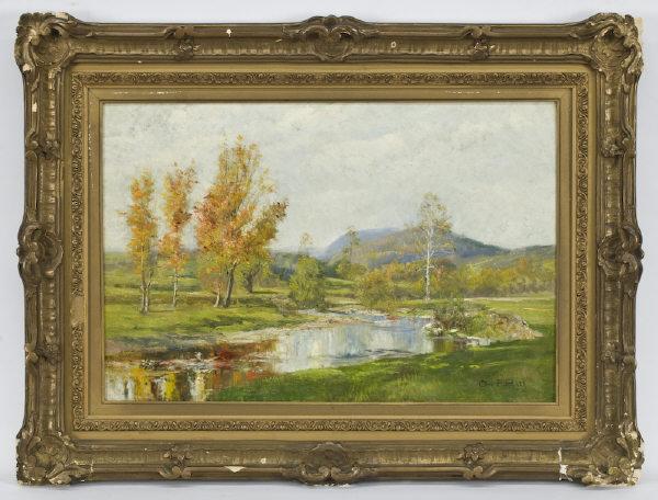 Olive Parker Black oil painting on canvas,: depicting an Autumn landscape. Canvas: 16"H x 24"W; Frame: 24.5"H x 32"W. Signed lower right, "Olive P. Black". Oliver Parker Black (American, 1868-1948) was a New York artist known for landscape scen