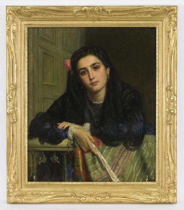 John Phillip oil painting on canvas,: depicting a portrait of young woman resting against a rail holding a fan with a rose in her hair. Canvas: 30"H x 25"W; Frame: 37.5"H x 32.5"W. Signed lower left, "John Phillip". John Phillip (British,
