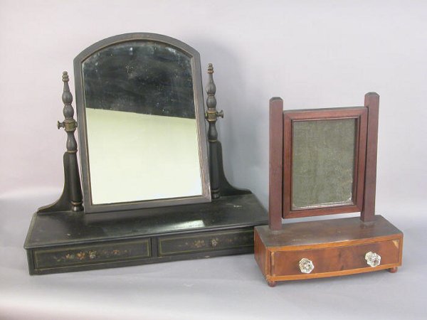 (2) American dressing table mirrors: (2) American dressing table mirrors (1) with original black finish showing "alligatored" effect from age. Maine origin - hand made, 25.5" x 28.5" x 10.5"; (1) Mahogany with original mirror (silvering