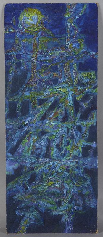Robert Omerod Preusser oil painting on board,: titled on verso, "Nocturnal View". Board: 39.5"H x 16"W. Dated on verso. Unsigned. Robert Omerod Preusser (American, 1919-1992) was a Texas artist known for abstract biomorphic form paintings. Unframe