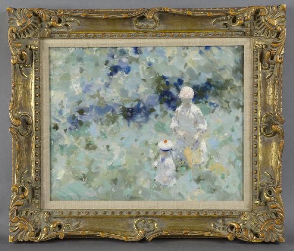 Andre Gisson oil painting on canvas,: depicting a Mother and child in a field. Canvas: 16.25"H x 20"W; Frame: 23"H x 26.75"W. Signed upper left, "A. Gisson". Andre Gisson (American, 1921-2003) was a New York artist known for landscape and